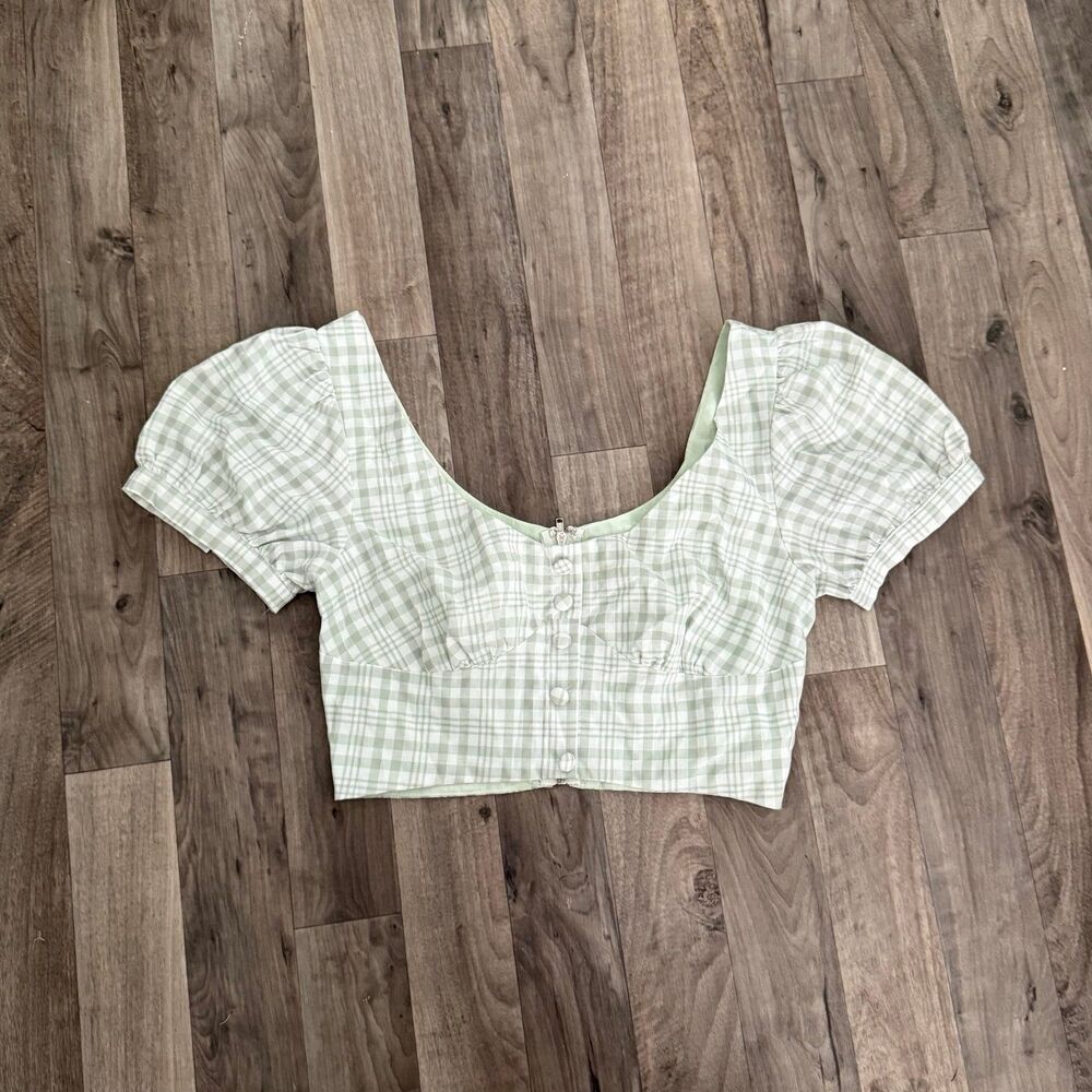Showpo coquette green plaid puff sleeve cottagecore crop top
